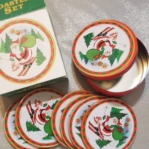 Vintage Skiing Santa Coasters - 1980s Santa Skiing Tin Canister and 6  Coasters